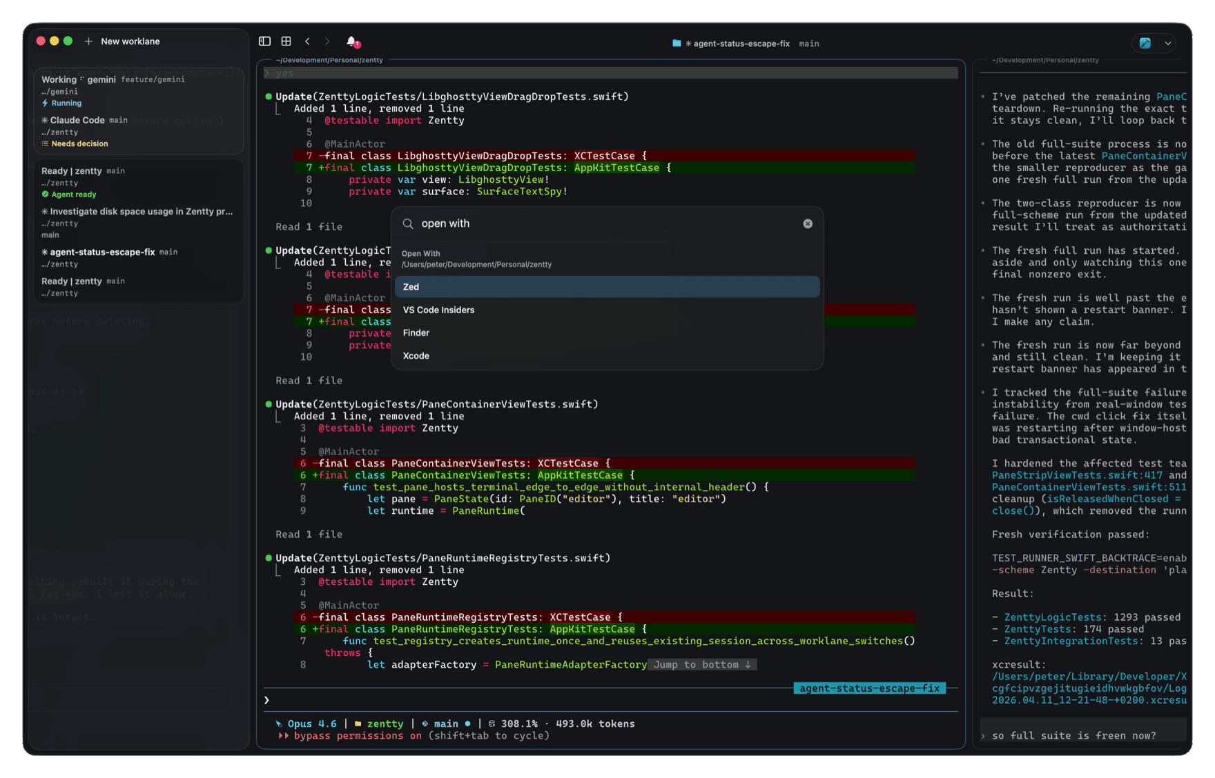 Zentty running in a light theme with multiple panes of code and an agent sidebar showing Claude Code status